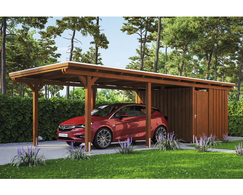 Prístrešok na auto SKAN HOLZ Emsland vr. úložného priestoru, EPDM membrány, kotiev pre stĺpiky, 354 x 846 cm, orech Drevený prístrešok pre auto s úložným priestorom a zaparkovaným autom