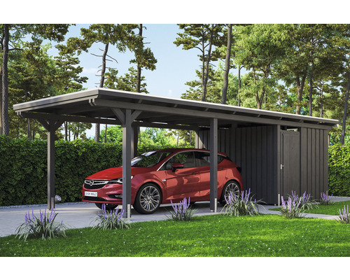 Prístrešok na auto SKAN HOLZ Emsland vr. úložného priestoru, EPDM membrány a kotiev pre stĺpiky, 354 x 846 cm, bridlica Drevený prístrešok pre auto s kôlňou na náradie a autom