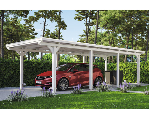 Prístrešok na auto SKAN HOLZ Emsland vr. EPDM membrány, kotvy na stĺpiky 354 x 846 cm biely Prístrešok pre auto s automobilom a záhradnou úpravou
