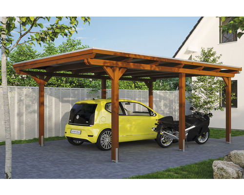 Prístrešok na auto SKAN HOLZ Emsland s EPDM membránou a kotiev pre stĺpik, 404 x 604 cm orech Drevený prístrešok pre auto s automobilom a motocyklom