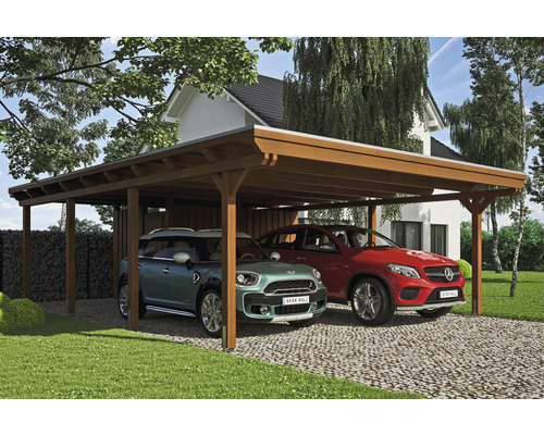 Prístrešok na auto dvojitý SKAN HOLZ Emsland vrátane úložného priestoru, EPDM membrány, kotiev na stĺpik, 613 x 846 cm, orech Drevený prístrešok pre auto s dvoma zaparkovanými autami v záhrade