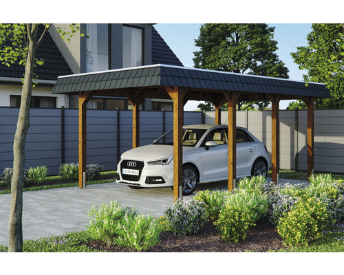 Prístrešok na auto SKAN HOLZ Spreewald vr. čierneho prístrešku kotva 345 x 589 cm orech Drevený prístrešok pre auto s autom a záhradnou úpravou