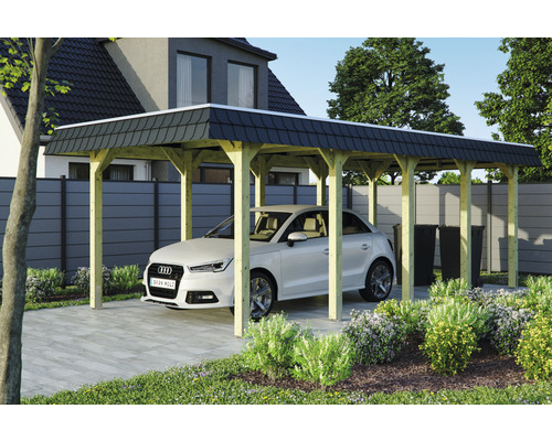 Prístrešok na auto SKAN HOLZ Spreewald, vr. čierneho obloženia, vr. EPDM membrány, kotiev pre stĺpiky, 345 x 741 cm, impregnovaný Drevený prístrešok pre auto s autom a záhradnou úpravou