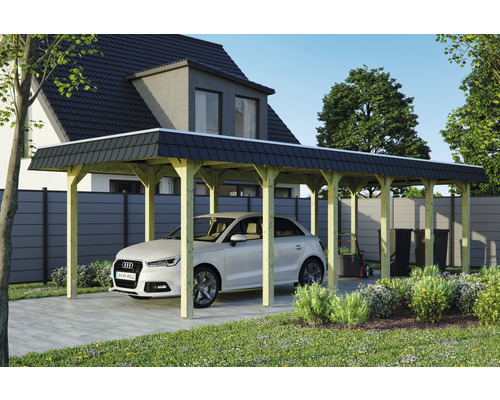 Prístrešok na auto SKAN HOLZ Spreewald čierna fasáda, vr. EPDM membrány, úchyty pre stĺpiky 345 x 893 cm, impregnovaný Drevený prístrešok pre auto s autom na pozemku