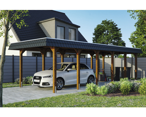 Prístrešok na auto SKAN HOLZ Spreewald s čiernym obložením vr. kotiev pre stĺpik 345 x 893 cm orech Drevený prístrešok pre auto s autom na dvore
