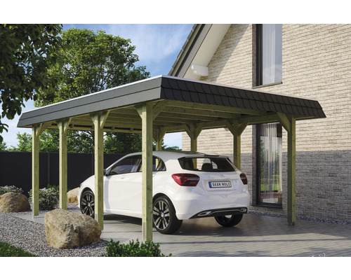 Prístrešok na auto SKAN HOLZ Spreewald, čierna fasádna doska, vr. EPDM membrány a kotiev, 396 x 589 cm, impregnovaný Drevený prístrešok pre auto s autom pod ním