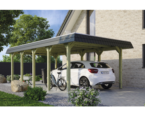 Prístrešok na auto SKAN HOLZ Spreewald s čiernou čelnou doskou, vr. kotiev pre stĺpiky, 396 x 741 cm impregnovaný Drevený prístrešok pre auto s autom a bicyklom