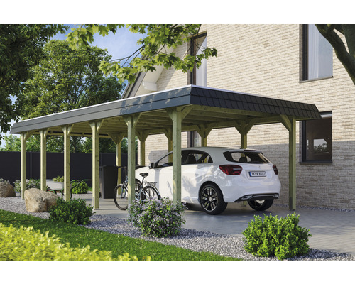 Prístrešok na auto SKAN HOLZ Spreewald, čierna fasádna doska vr. EPDM membrány, kotiev pre stĺpiky, 396 x 893 cm, impregnovaná Drevený prístrešok pre auto s autom, bicyklom a smetným košom v záhrade