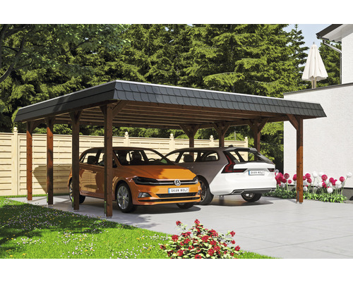 Prístrešok na auto dvojitý SKAN HOLZ Spreewald čierna čelná doska vrátane EPDM membrány, kotva na stĺpik, 585 x 589 cm, orech Drevený dvojitý prístrešok pre auto s dvoma zaparkovanými autami