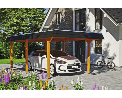 Prístrešok na auto SKAN HOLZ Wendland, čierna fasádna doska, vr. EPDM membrány, kotvy na stĺpiky, 362 x 628 cm, svetlý dub Drevený prístrešok pre auto s autom a bicyklom pred domom