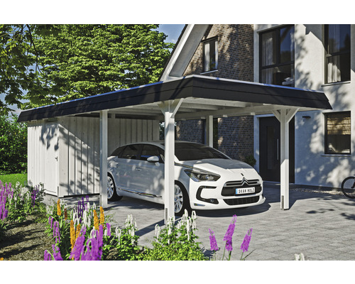 Prístrešok na auto SKAN HOLZ Wendland, čierna fasádna doska, vr. úložného priestoru, EPDM membrána, kotvy na stĺpiky, 362 x 870 cm, biely Drevený prístrešok pre auto s kôlňou na náradie a zaparkovaným autom