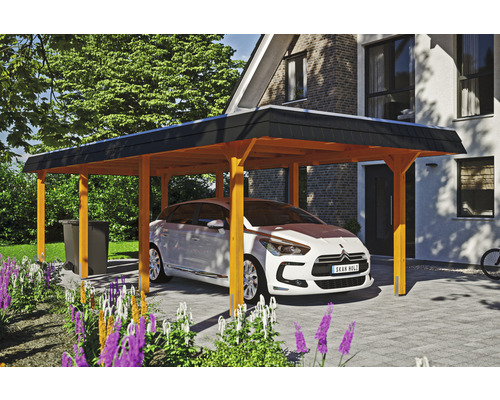 Prístrešok na auto SKAN HOLZ Wendland, čierna clona, vr. EPDM membrány, kotvy pre stĺpik 362 x 870 cm svetlý dub Drevený prístrešok pre auto s autom na príjazdovej ceste