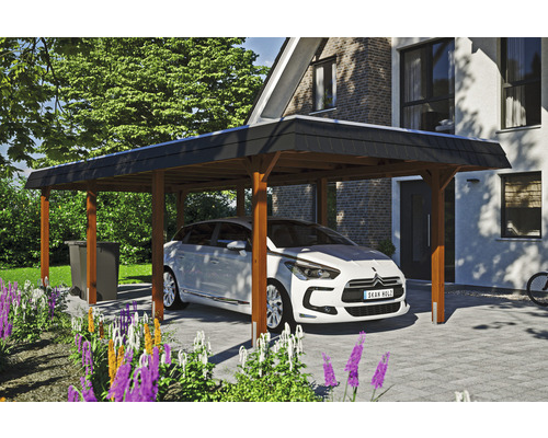 Prístrešok na auto SKAN HOLZ Wendland, čierna fasádna doska, vr. EPDM membrány a kotiev na stĺpiky, 362 x 870 cm, orech Drevený prístrešok pre auto s autom na dláždenom parkovacom mieste