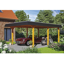 Drevený prístrešok pre auto s automobilom a motocyklom