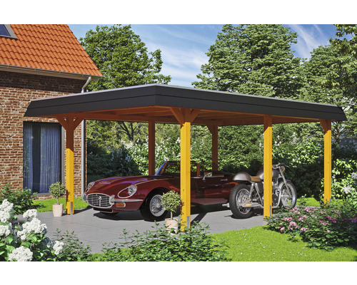 Drevený prístrešok pre auto s automobilom a motocyklom