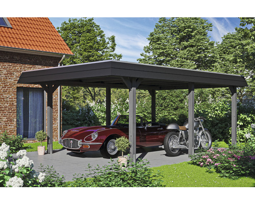 Drevený prístrešok pre auto s automobilom a motocyklom