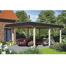 Drevený carport s autom a motorkou