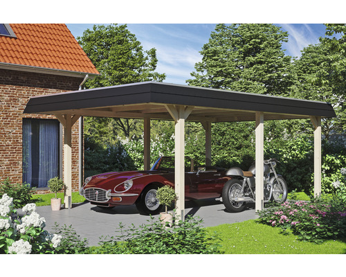 Drevený carport s autom a motorkou