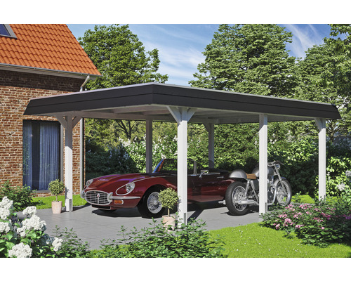 Drevený prístrešok pre auto s automobilom a motocyklom
