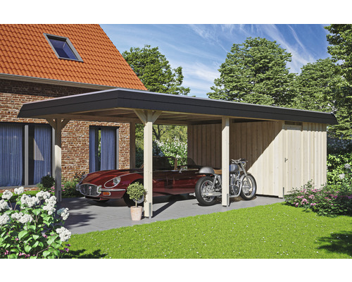 Prístrešok na auto SKAN HOLZ Wendland s čiernym obložením, vr. úložného priestoru, EPDM membrány a kotiev pre stĺpiky, 409 x 870 cm, prírodné Prístrešok pre auto s kôlňou na náradie, auto a motocykel