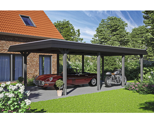Prístrešok na auto SKAN HOLZ Wendland s čiernou fasádnou doskou vr. EPDM membrány, kotvy na stĺpiky 409 x 870 cm bridlice Moderný drevený prístrešok pre auto s autom a motocyklom