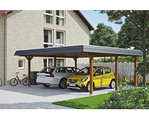 Prístrešok na auto dvojitý SKAN HOLZ Wendland, čierna čelná doska, vrátane EPDM membrány a kotiev na stĺpik, 630 x 637 cm, orech Drevený prístrešok pre auto s dvoma zaparkovanými autami pred domom.