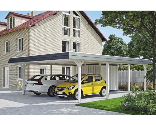 Prístrešok na auto dvojitý SKAN HOLZ Wendland s čiernou čelnou doskou, vrátane úložného priestoru, EPDM membrány, kotiev pre stĺpiky, 630 x 879 cm, biela Dvojitý drevený prístrešok pre auto s dvoma zaparkovanými autami pred domom
