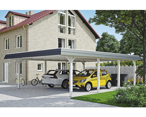 Prístrešok na auto dvojitý SKAN HOLZ Wendland, čierny panel vrátane EPDM membrány, kotvy na stĺpik, 630 x 879 cm, biely Kryté parkovacie státie s dvoma zaparkovanými autami pred domom