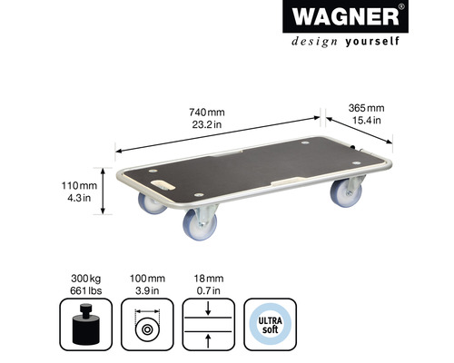 Nábytkové kolieska Wagner s rozmermi 740 x 365 milimetrov, s maximálnou nosnosťou 300 kilogramov a štyrmi kolieskami