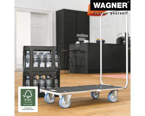 Logo Wagner. Transportné kolieska s prepravkou nápojov a pečaťou FSC pre zodpovedné lesné hospodárstvo