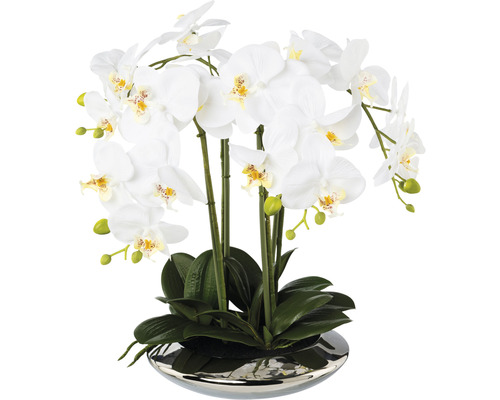 Umelá kvetina orchidea phalaenopsis 4 výhony v keramickej striebornej miske 41 cm biela