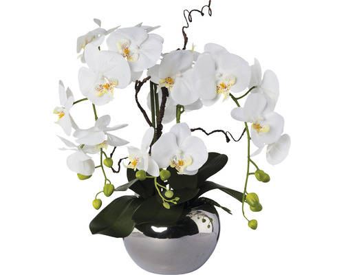 Umelá kvetina phalaenopsis aranžmán 55 cm biela v striebornom kvetináči Real Touch