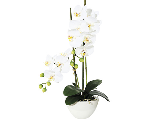 Umelá kvetina orchidea phalaenopsis 50 cm biela v bielej keramickej miske 14,5 x 8,5 cm Real Touch