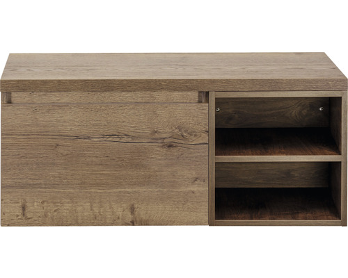 Skrinka na topánky vo farbe dreva so zásuvkou a otvorenými policami