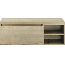 Nástenná skrinka vo farbe dreva s posuvnými dverami a otvorenými policami