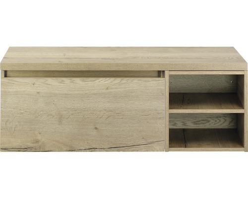 Nástenná skrinka vo farbe dreva s posuvnými dverami a otvorenými policami