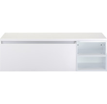 Biela závesná spodná skrinka so zásuvkou a dvoma priehradkami.