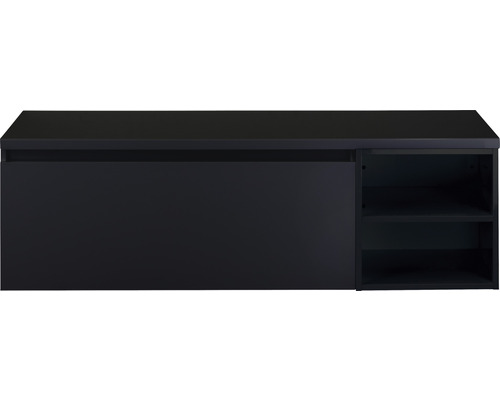 Čierna závesná umývadlová skrinka so skrinkou a policami