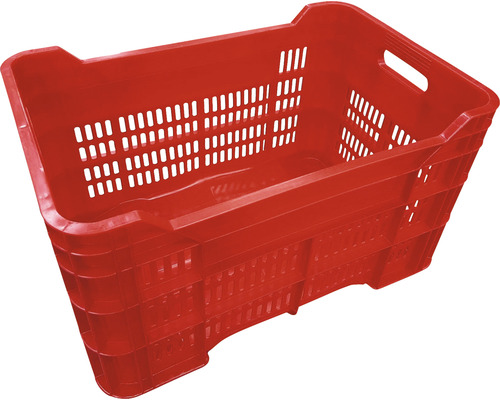 Červená plastová transportná prepravka s úchytmi a štrbinami