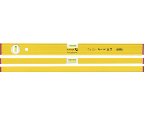 Žltá vodováha s tromi ukazovateľmi pre horizontálne a vertikálne vyrovnanie