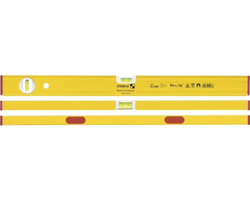 Žltá vodováha s libelami na horizontálne a vertikálne vyrovnanie