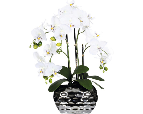 Umelá orchidea phalaenopsis 4 výhonky 55 cm biela v oválnej striebornej váze 20x11x13 cm