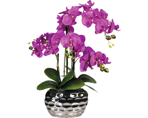 Umelá orchidea phalaenopsis 4 výhonky 55 cm fialová v oválnej striebornej váze 20x11x13 cm