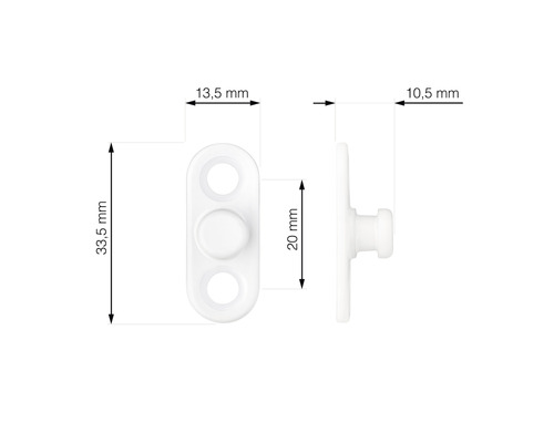 Biele upevnenie s rozmermi 33,5 mm dĺžka, 13,5 mm šírka, 20 mm stredná časť a 10,5 mm hĺbka.