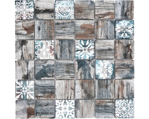 Sklenená mozaika XCM Wood 900 štvorcová Crystal mix grey/brown/green 29,8x29,8 cm