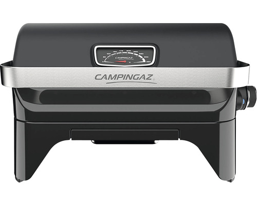 Logo Campingaz na čiernom plynovom grile s ukazovateľom teploty