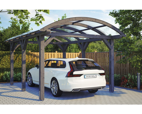 Prístrešok na auto SKAN HOLZ Franken, vr. kotiev na stĺpiky, 376 x 541 cm bridlica Drevený prístrešok pre auto s priehľadnou strechou a parkujúcim autom pod ním