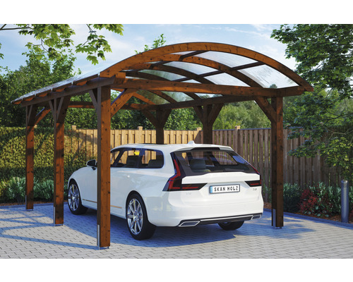 Prístrešok na auto SKAN HOLZ Franken vr. kotiev pre stĺpiky, 376 x 541 cm, orech Drevený prístrešok pre auto s priehľadnou strechou a autom