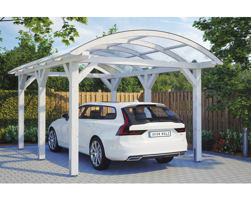Prístrešok na auto SKAN HOLZ Franken, vr. kotiev na stĺpiky, 376 x 541 cm, biela Biely drevený prístrešok pre auto s priehľadnou strechou a zaparkovaným autom pod ním
