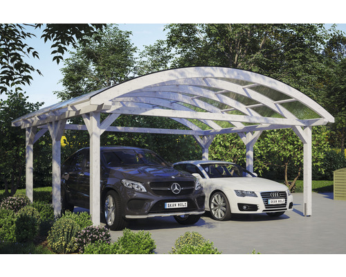 Prístrešok na auto dvojitý SKAN HOLZ Franken vrátane kotvy na stĺpik 635 x 541 cm biela Dvojitý drevený prístrešok pre auto s dvoma autami